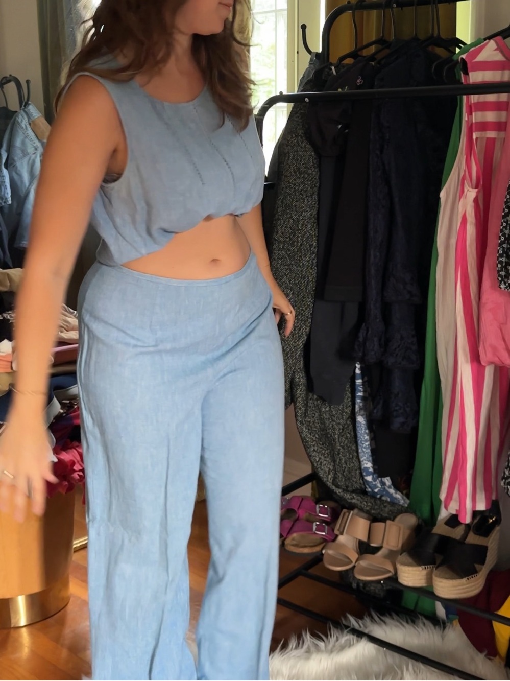 Evan Picone Light Blue Linen Sleeveless Top & Pants Linen Set Large L